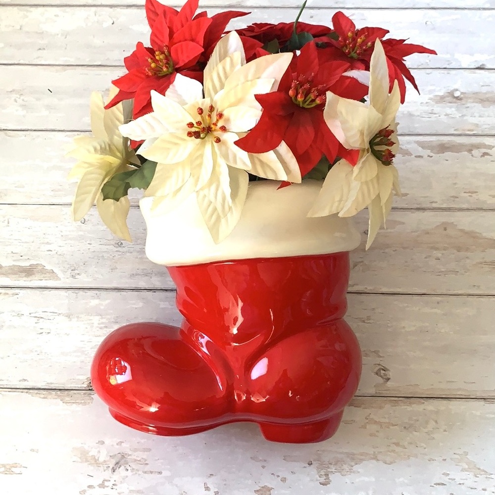 Santa’s Boot Ceramic Christmas Vase & Artificial Poinsettias Flowers Home Decor